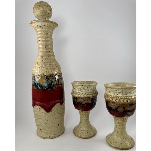 Leon Kula Studio Art Pottery Stoneware Decanter 2 Wine Goblets Signed Vintage - Picture 1 of 8